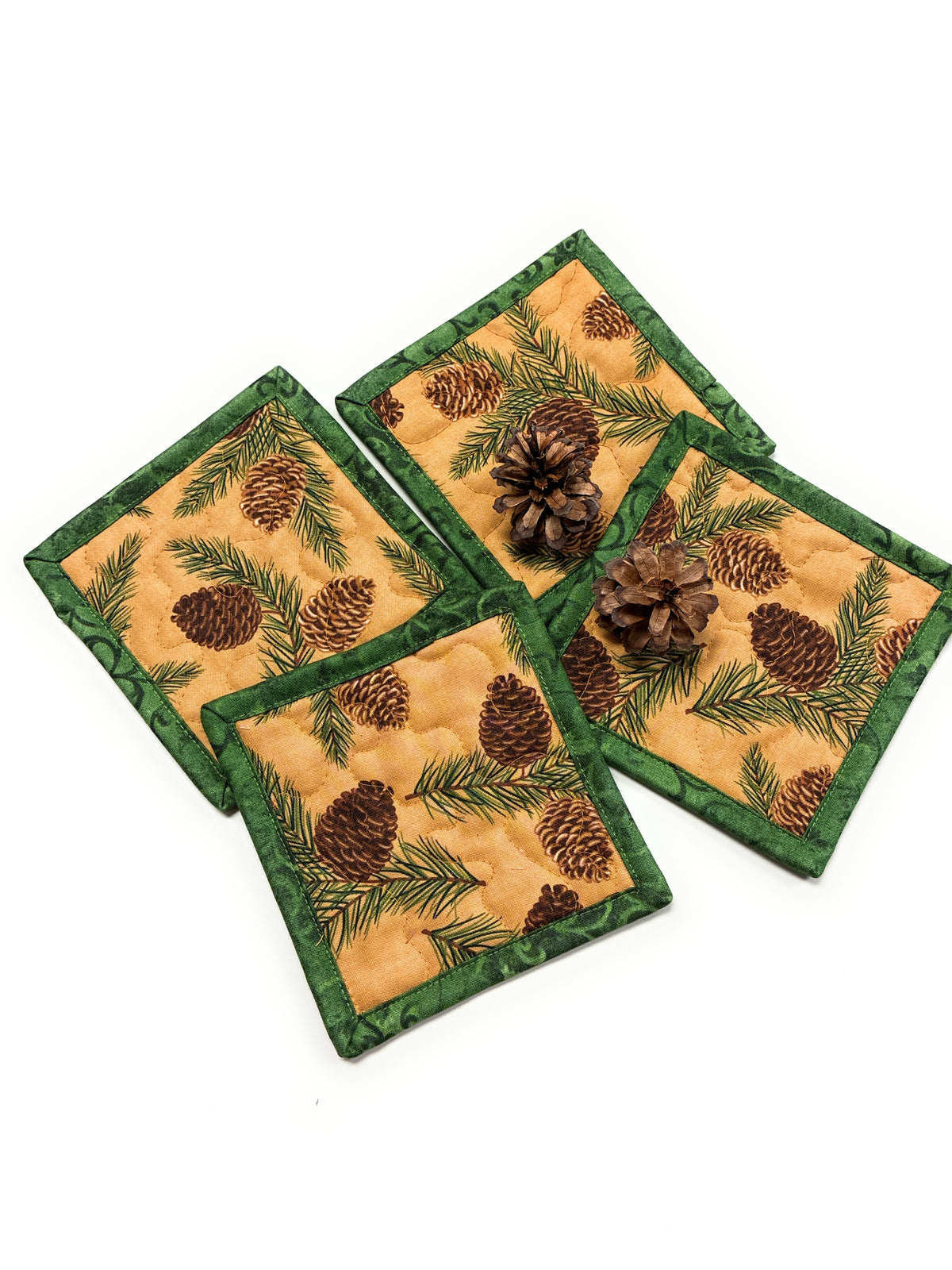 Pine Cones and Boughs Quilted Fabric Coasters, 5x5" Alpine Woods Mancave Hostess Stocking Stuffer Gift