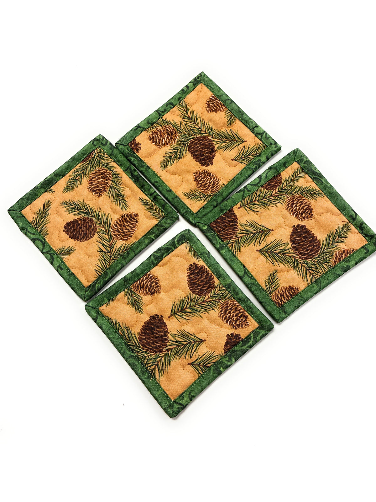 Pine Cones and Boughs Quilted Fabric Coasters, 5x5" Alpine Woods Mancave Hostess Stocking Stuffer Gift
