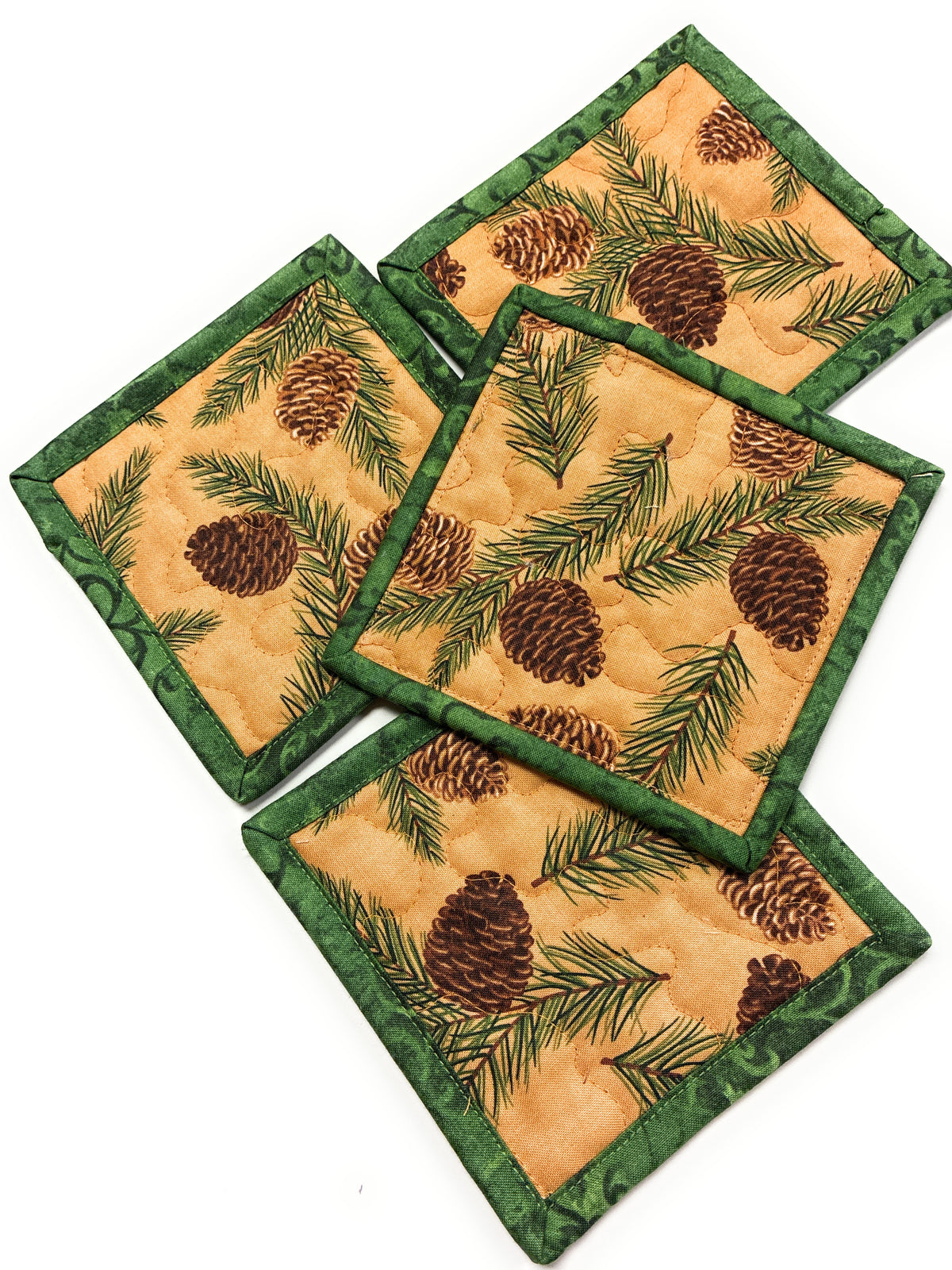 Pine Cones and Boughs Quilted Fabric Coasters, 5x5" Alpine Woods Mancave Hostess Stocking Stuffer Gift