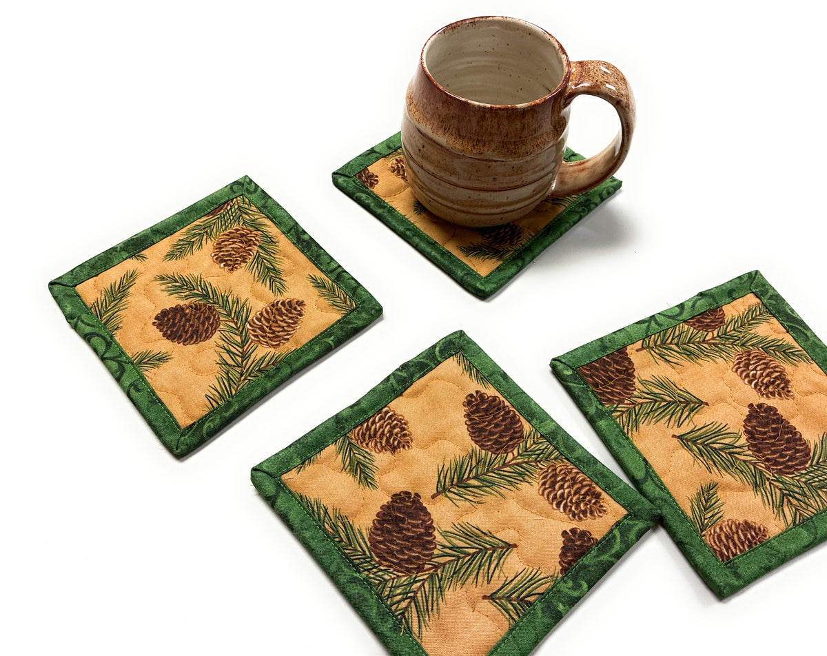 Pine Cones and Boughs Quilted Fabric Coasters, 5x5" Alpine Woods Mancave Hostess Stocking Stuffer Gift