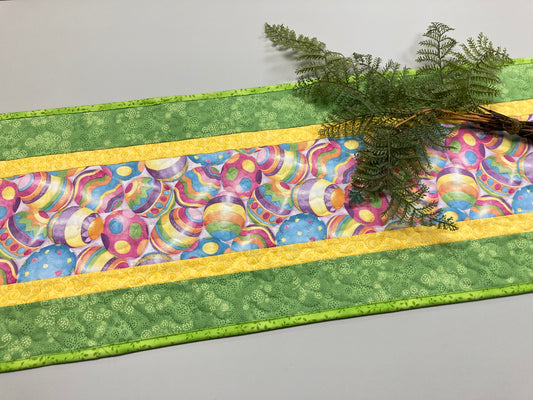 Bright Easter Egg Quilted Table Runner, Blue Yellow Green Dining Coffee End Table Decor, Spring Reversible, 13x48" Handmade Fun Colorful