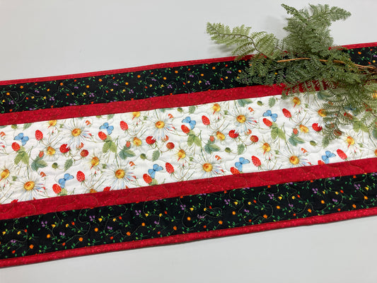 Butterflies Daisies Strawberries Quilted Dining Coffee Table Runner, Reversible 13x48" Easter Garden Nature Bright