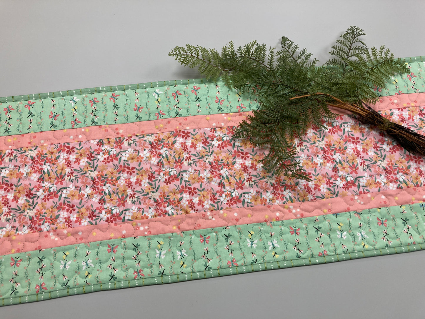 Spring Flowers Easter Peach Green Quilted Dining or Coffee Table Runner, Reversible 13x48" Garden Floral Nature Pastel Summer Handmade