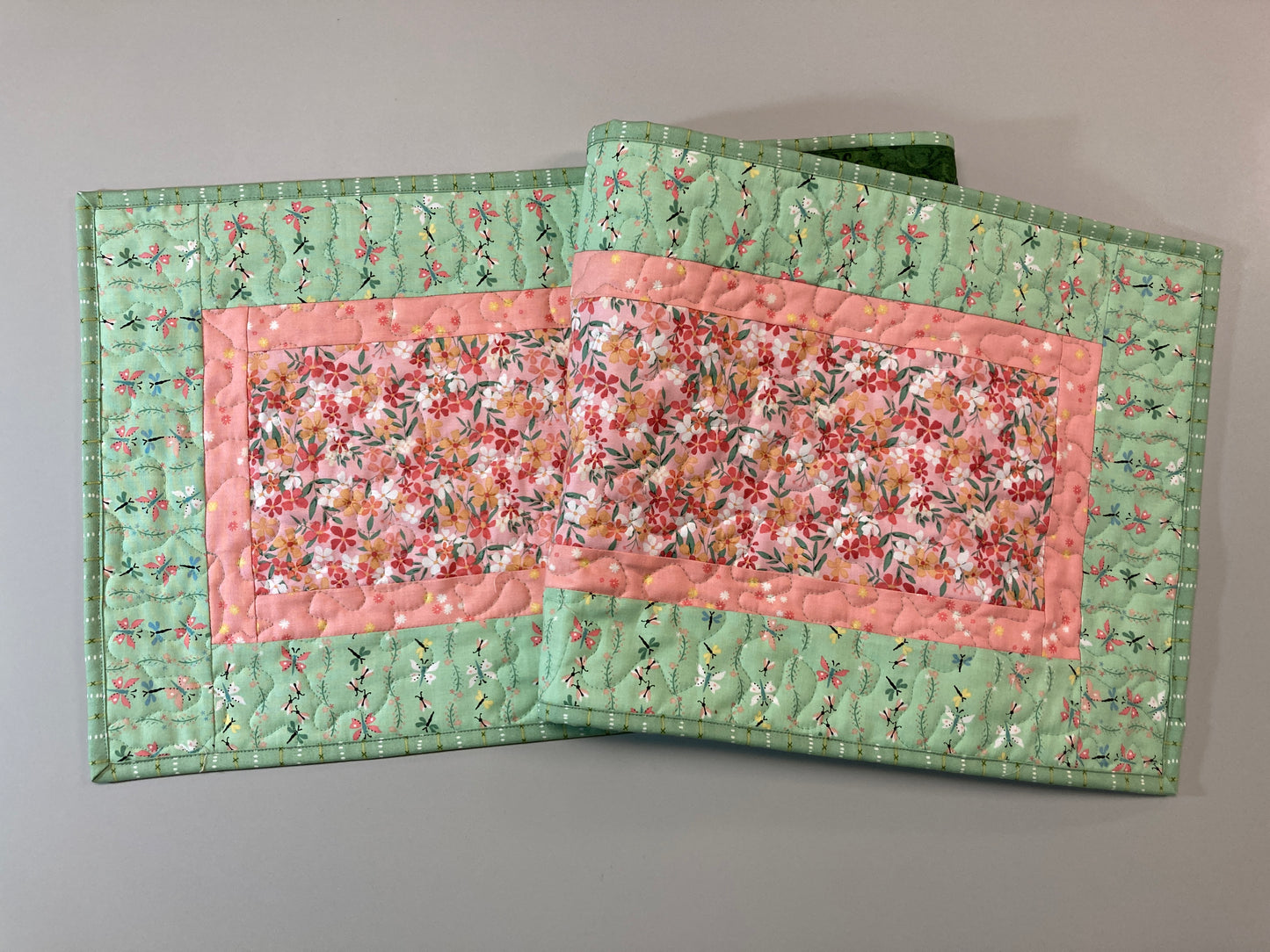 Spring Flowers Easter Peach Green Quilted Dining or Coffee Table Runner, Reversible 13x48" Garden Floral Nature Pastel Summer Handmade