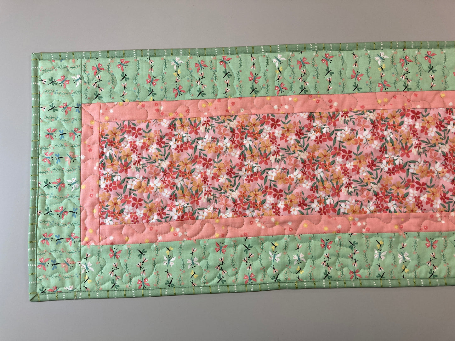 Spring Flowers Easter Peach Green Quilted Dining or Coffee Table Runner, Reversible 13x48" Garden Floral Nature Pastel Summer Handmade