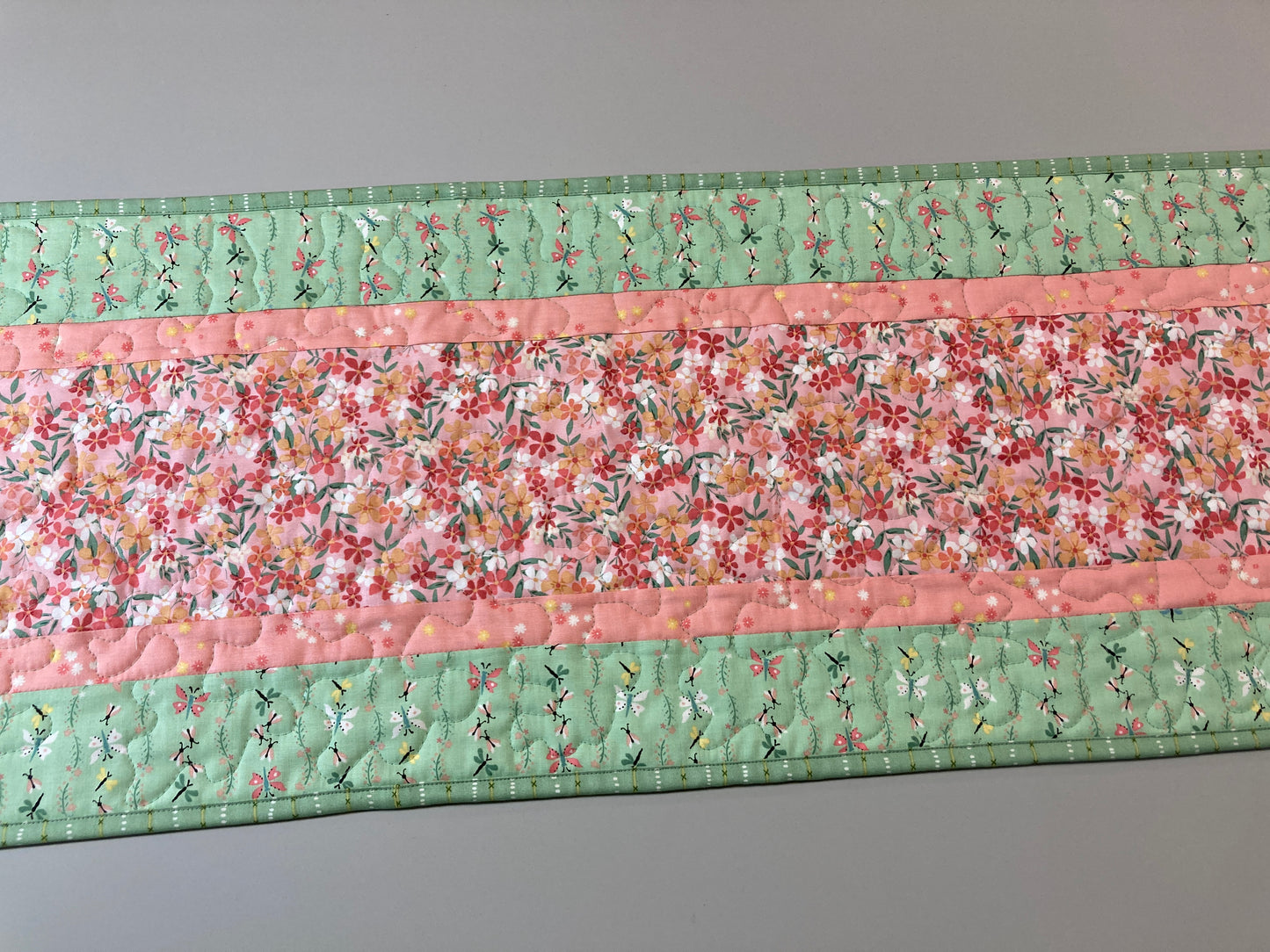 Spring Flowers Easter Peach Green Quilted Dining or Coffee Table Runner, Reversible 13x48" Garden Floral Nature Pastel Summer Handmade
