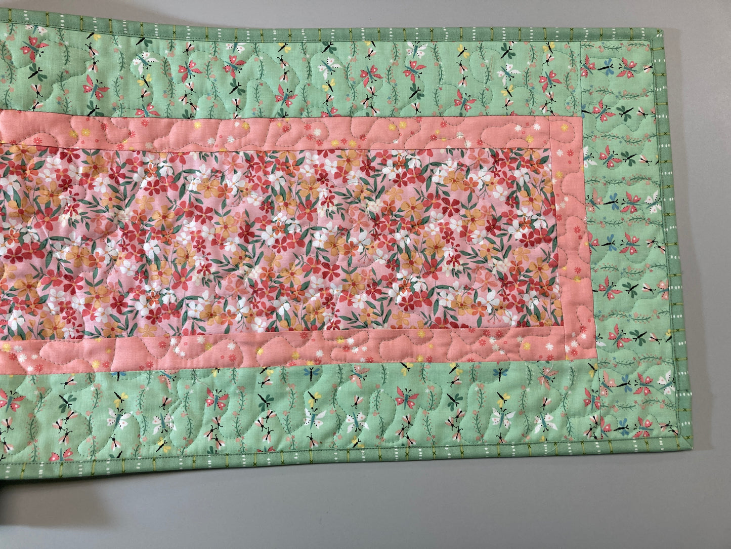 Spring Flowers Easter Peach Green Quilted Dining or Coffee Table Runner, Reversible 13x48" Garden Floral Nature Pastel Summer Handmade