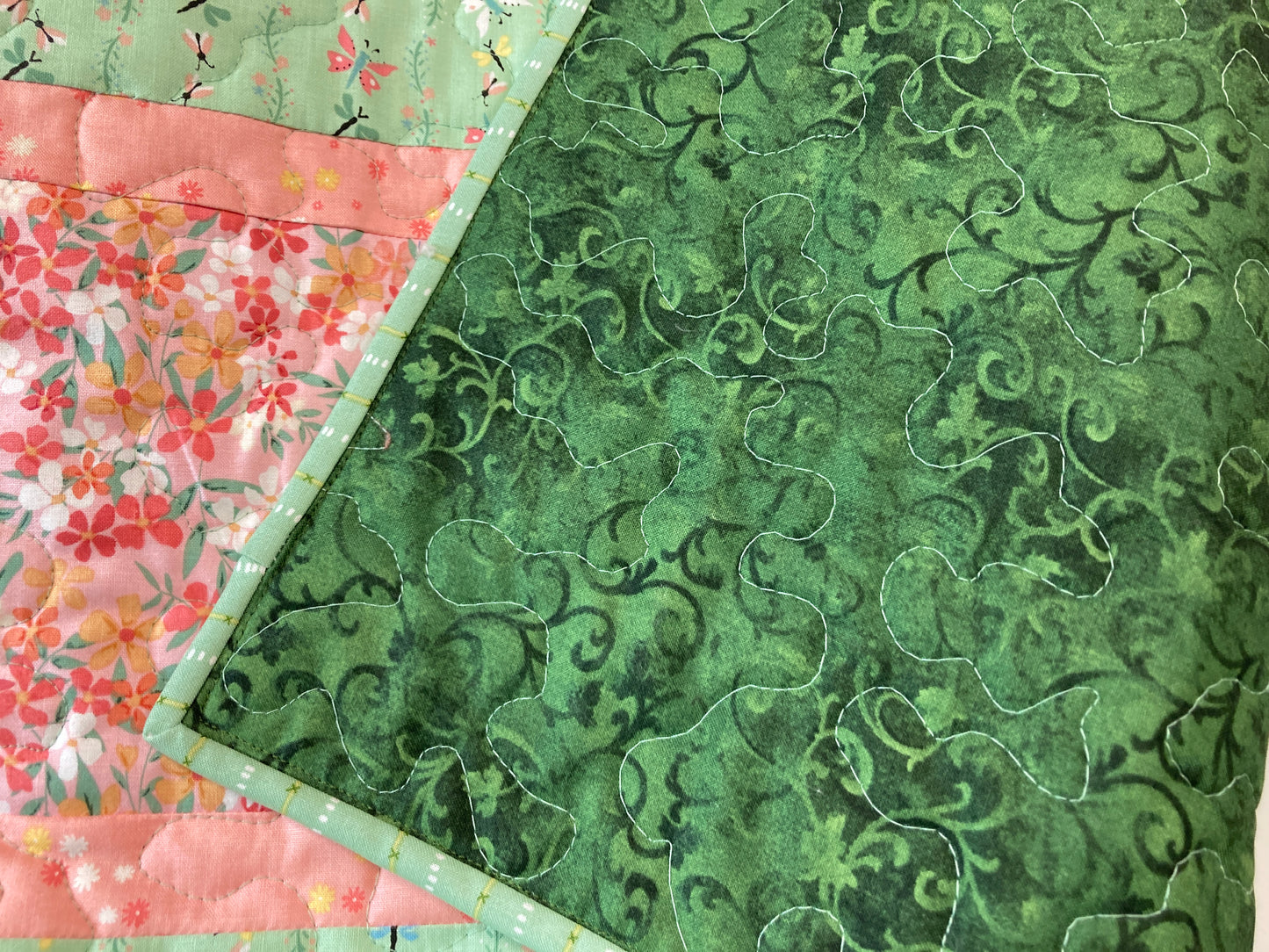 Spring Flowers Easter Peach Green Quilted Dining or Coffee Table Runner, Reversible 13x48" Garden Floral Nature Pastel Summer Handmade