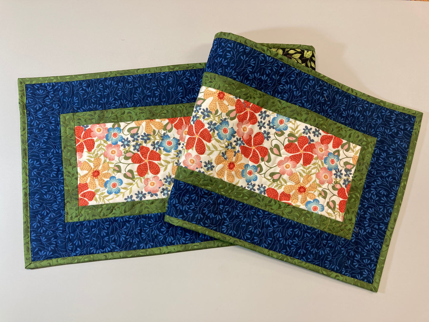Summer Blue Red Yellow Flowers Quilted Dining or Coffee Table Runner, Reversible 13x48" Garden Floral Nature Bright Handmade