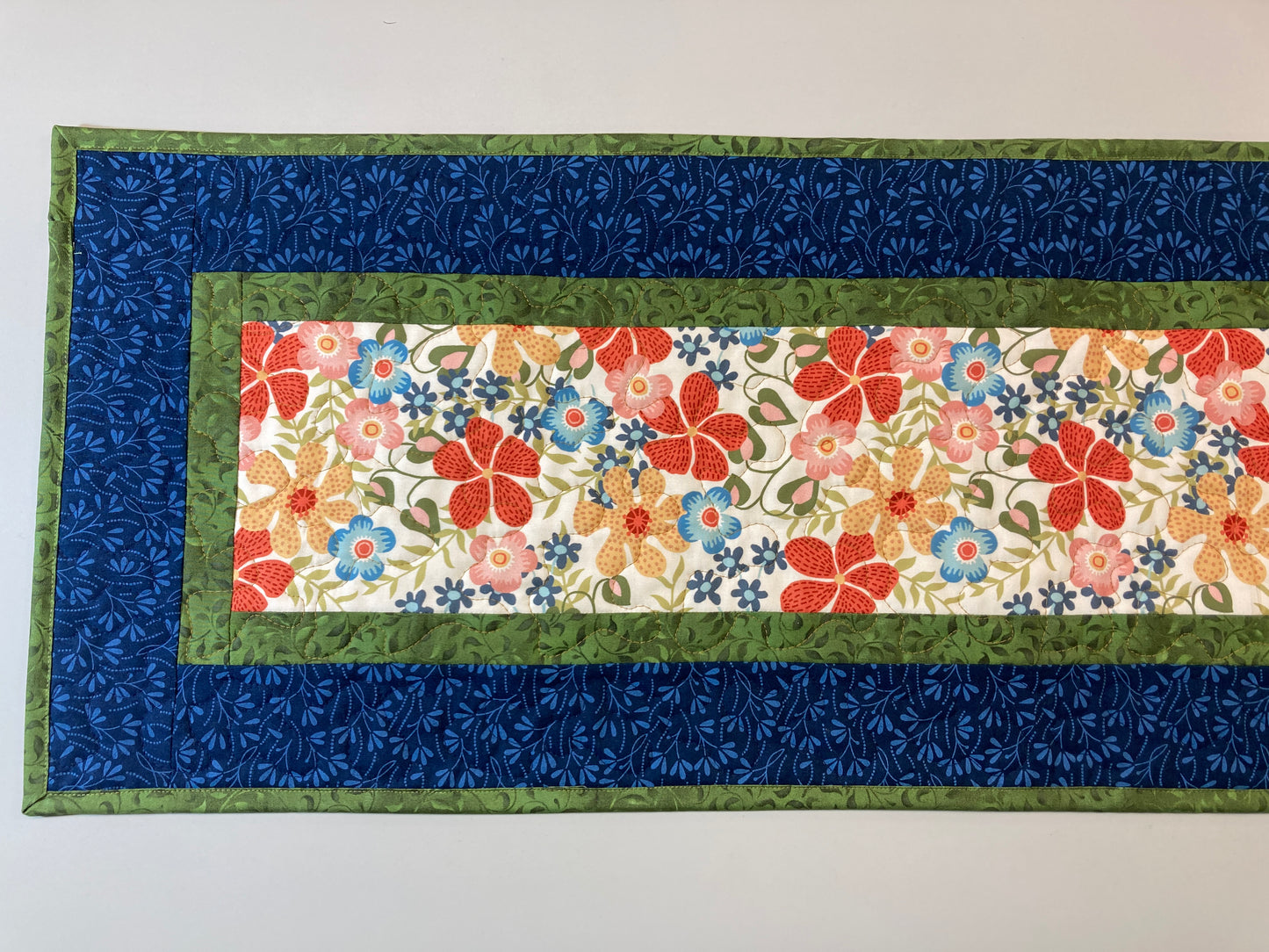 Summer Blue Red Yellow Flowers Quilted Dining or Coffee Table Runner, Reversible 13x48" Garden Floral Nature Bright Handmade
