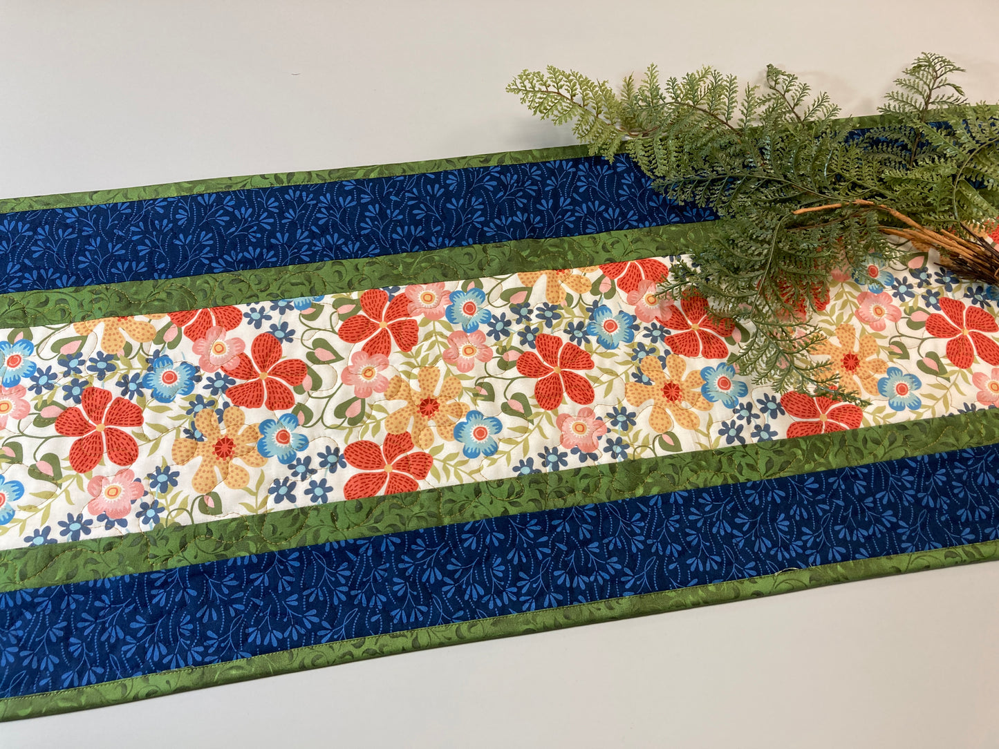 Summer Blue Red Yellow Flowers Quilted Dining or Coffee Table Runner, Reversible 13x48" Garden Floral Nature Bright Handmade