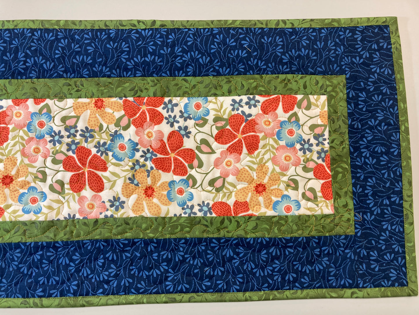 Summer Blue Red Yellow Flowers Quilted Dining or Coffee Table Runner, Reversible 13x48" Garden Floral Nature Bright Handmade