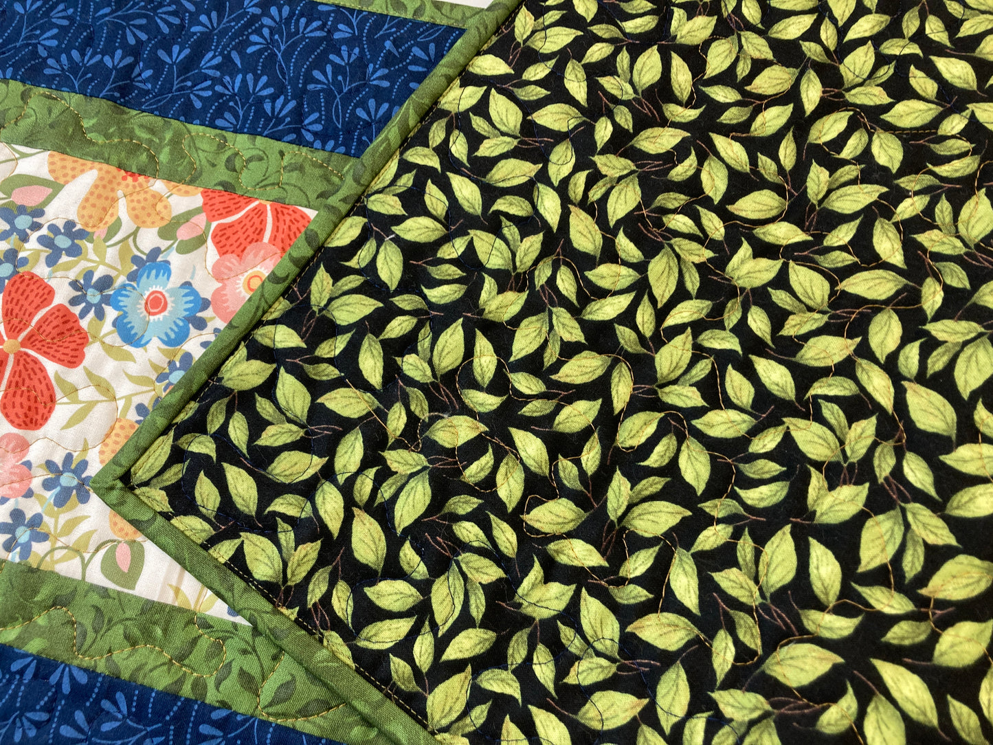 Summer Blue Red Yellow Flowers Quilted Dining or Coffee Table Runner, Reversible 13x48" Garden Floral Nature Bright Handmade