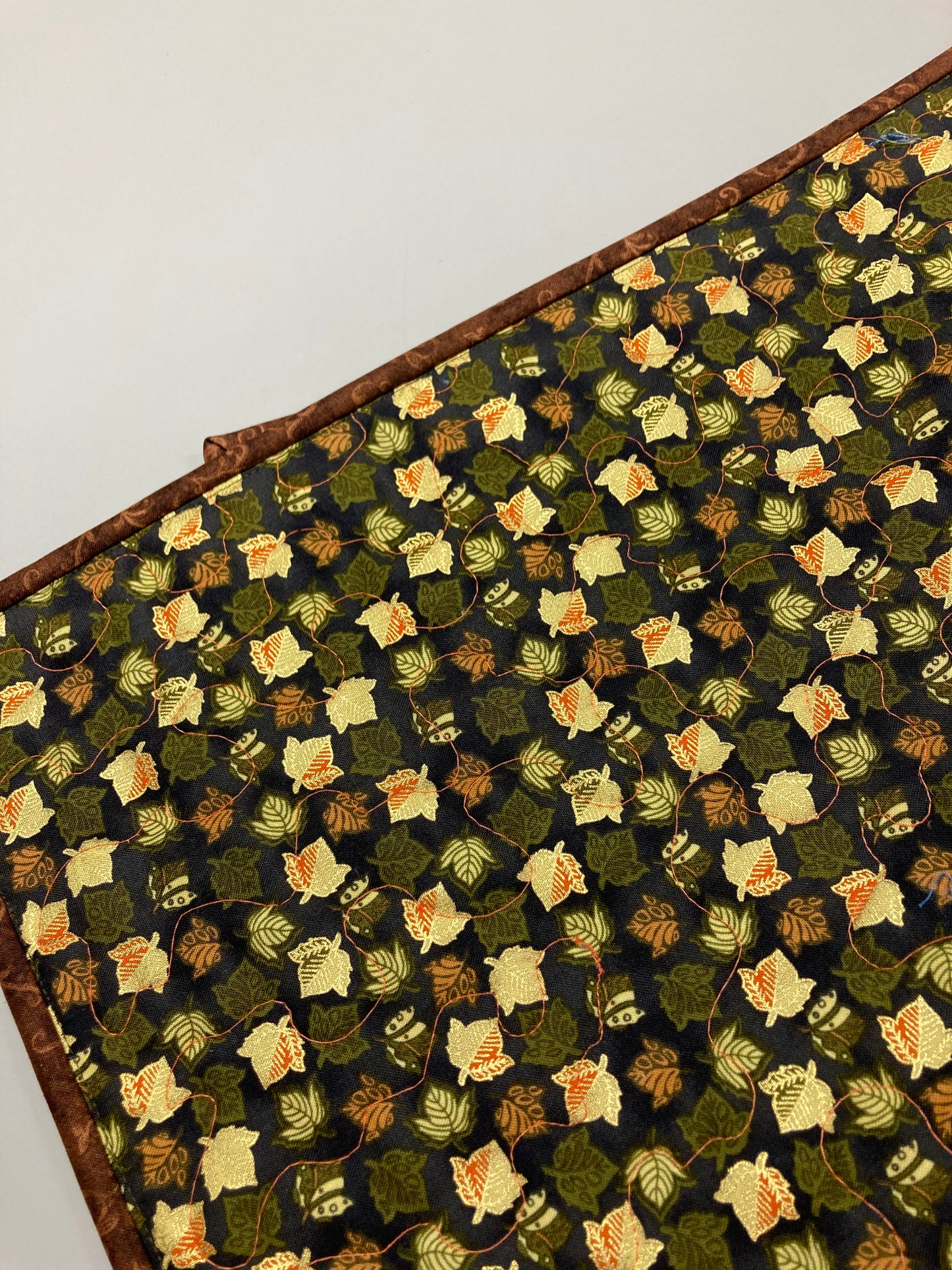 Fall Sunflowers Mushrooms and Acorns Quilted Table Runner, 14x48" Reversible Leaves, Woodland Forest Orange Red Green Dining Coffee Table