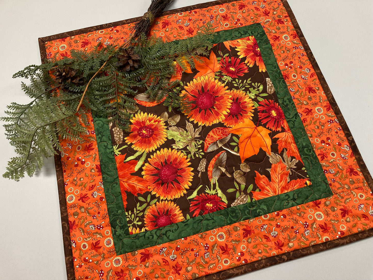 Fall Sunflowers Mushrooms and Acorns Quilted Table Topper, 20x20" Reversible Leaves Woodland Forest Orange Red Green Dining Coffee End Table