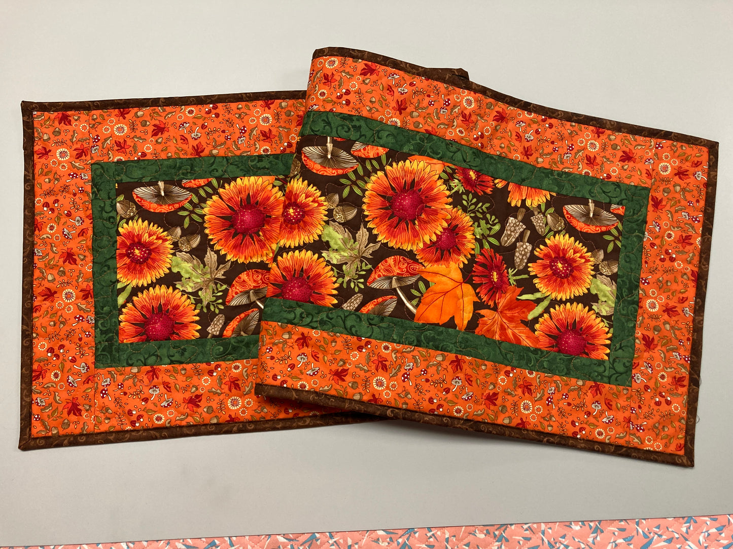 Fall Sunflowers Mushrooms and Acorns Quilted Table Runner, 14x48" Reversible Leaves, Woodland Forest Orange Red Green Dining Coffee Table