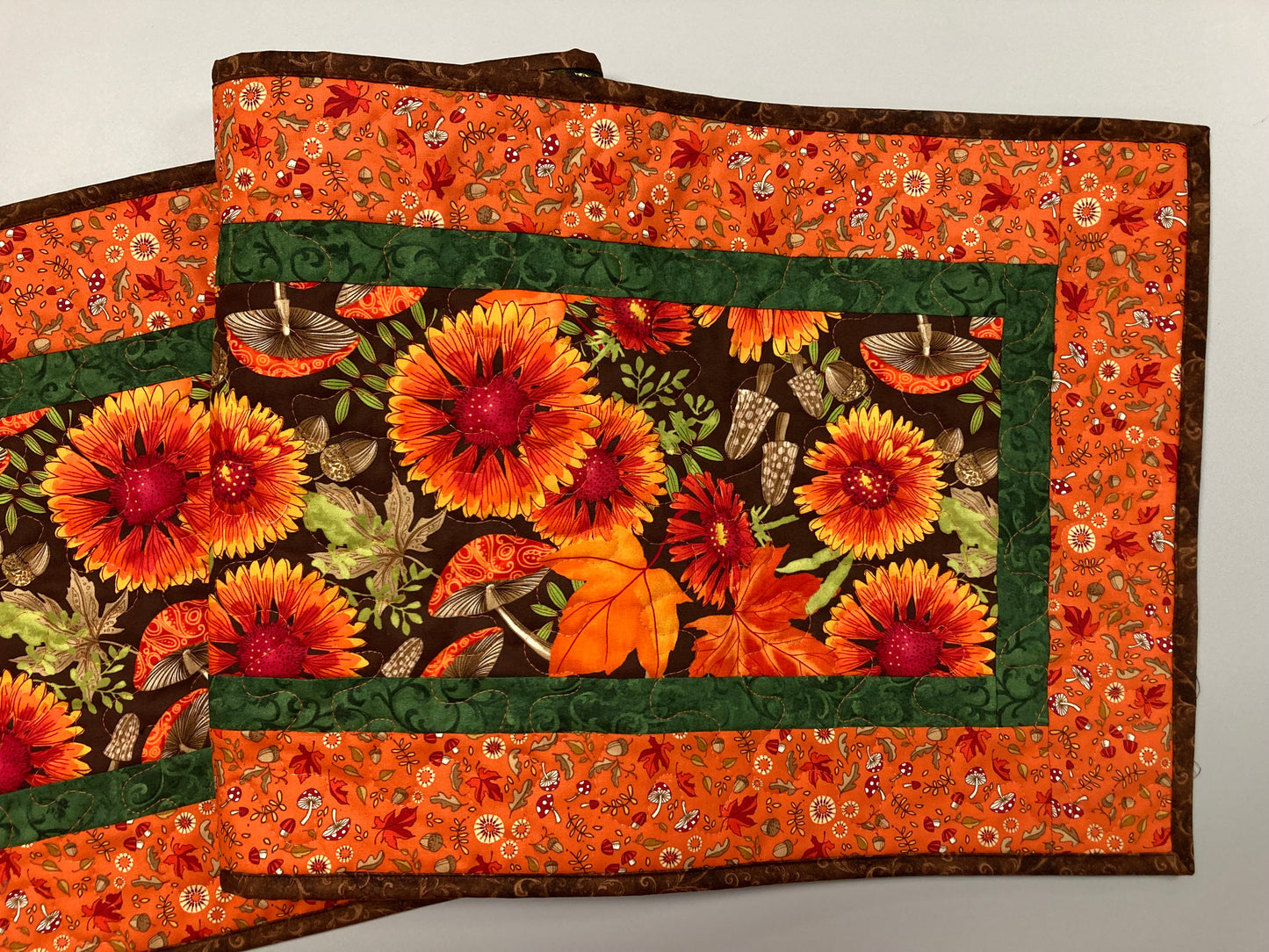 Fall Sunflowers Mushrooms and Acorns Quilted Table Runner, 14x48" Reversible Leaves, Woodland Forest Orange Red Green Dining Coffee Table