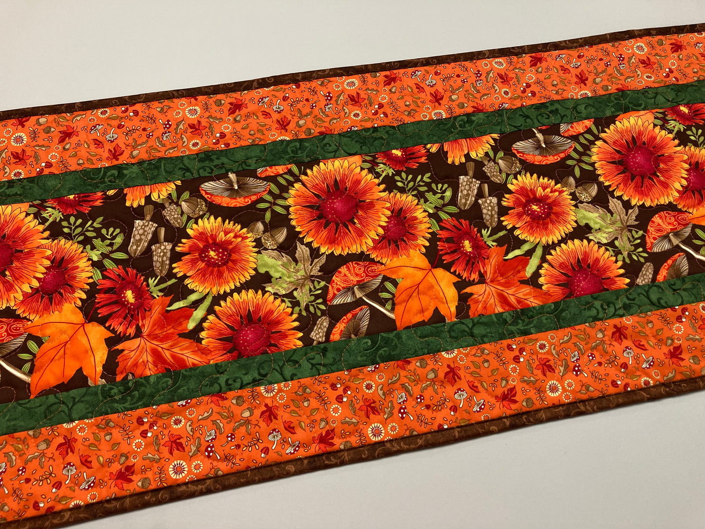 Fall Sunflowers Mushrooms and Acorns Quilted Table Runner, 14x48" Reversible Leaves, Woodland Forest Orange Red Green Dining Coffee Table