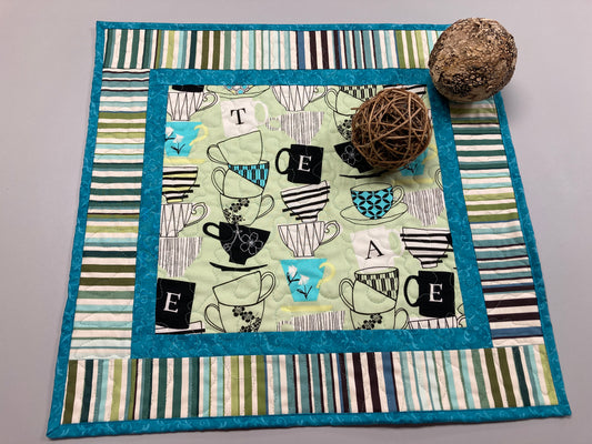 Retro Teacups Quilted Table Topper Square, Reversible 20x20" Dining Coffee End Table Vintage Nostalgic Handmade Blue Green Minimalist