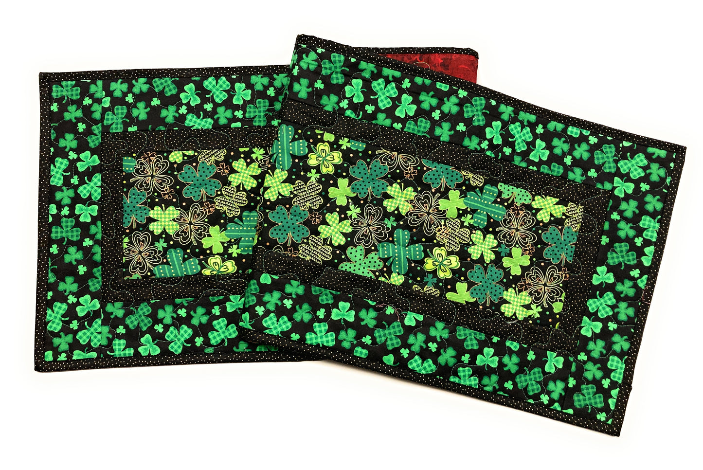 Shamrocks St Patrick's Day Quilted Table Runner, 13x48" Reversible Spring Summer Flowers, Coffee End Table Dining Table