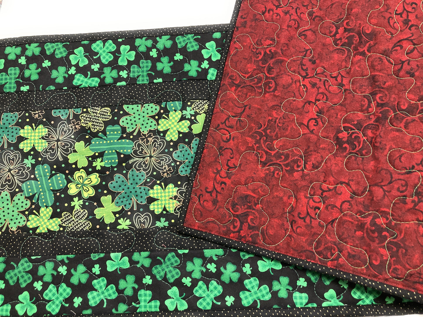Shamrocks St Patrick's Day Quilted Table Runner, 13x48" Reversible Spring Summer Flowers, Coffee End Table Dining Table