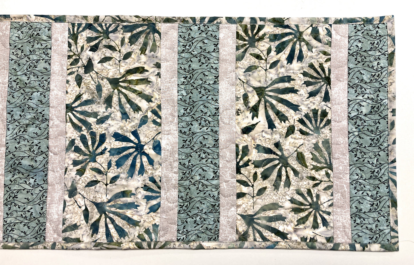 Batik Blue Gray Stone Dining Room Coffee Table Quilted Runner, Modern Minimalist Leaves Reversible Summer 13.5x44" Everyday Handmade