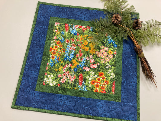 Summer Wildflowers Quilted Table Topper, Reversible Table Mat, 18x18" Coffee Table End Table Nightstand, Large Square Spring Decor Handmade