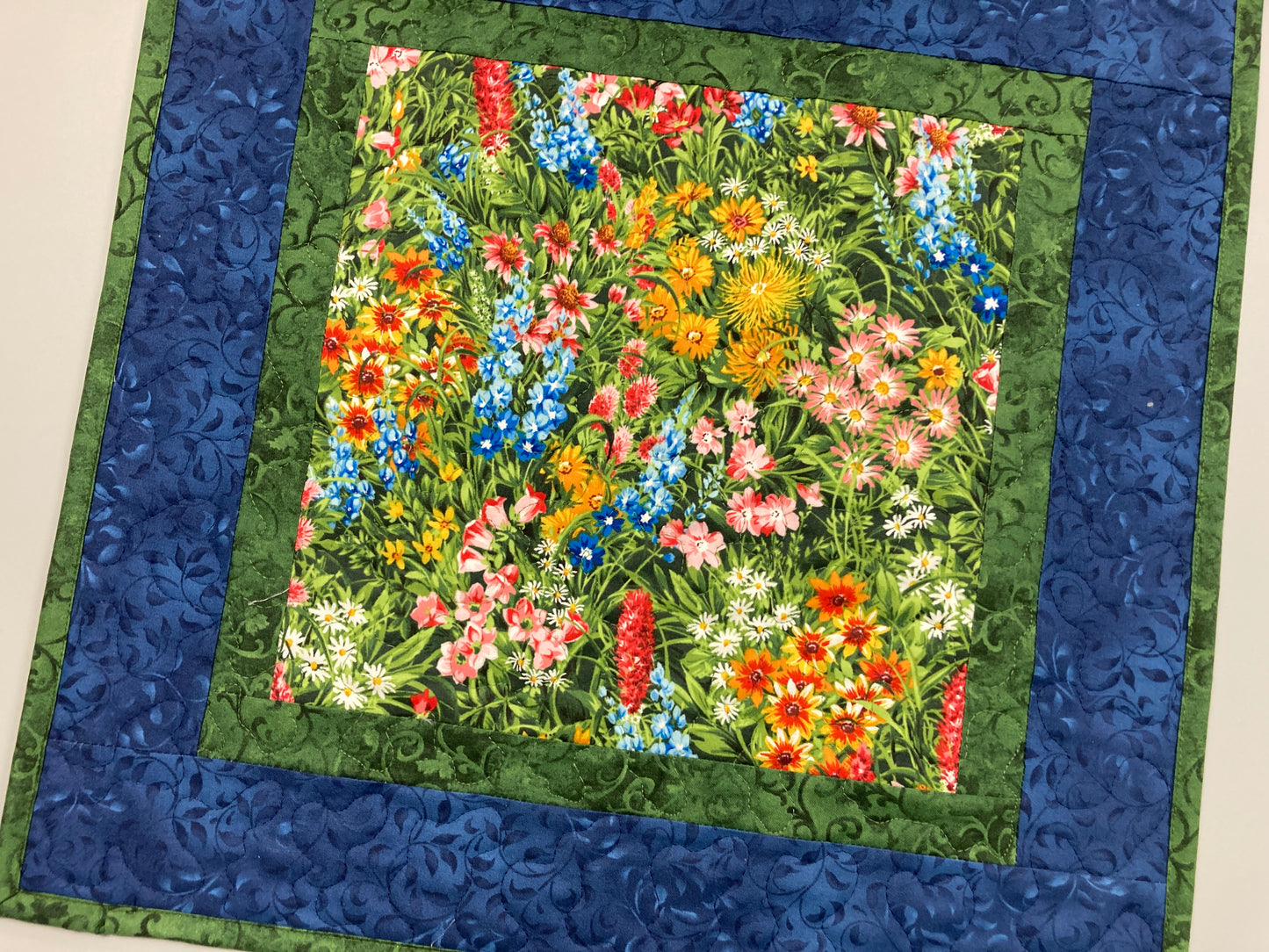 Summer Wildflowers Quilted Table Square 18x18" Dining Coffee or End Table, Spring Decor Handmade Reversible