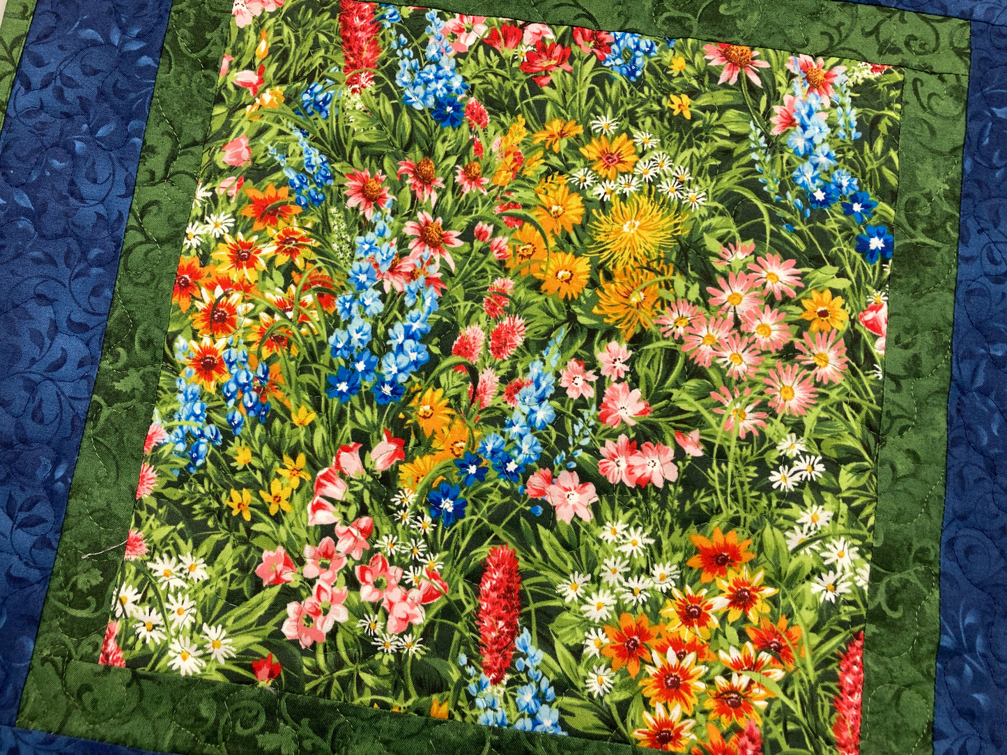 Summer Wildflowers Quilted Table Square 18x18" Dining Coffee or End Table, Spring Decor Handmade Reversible