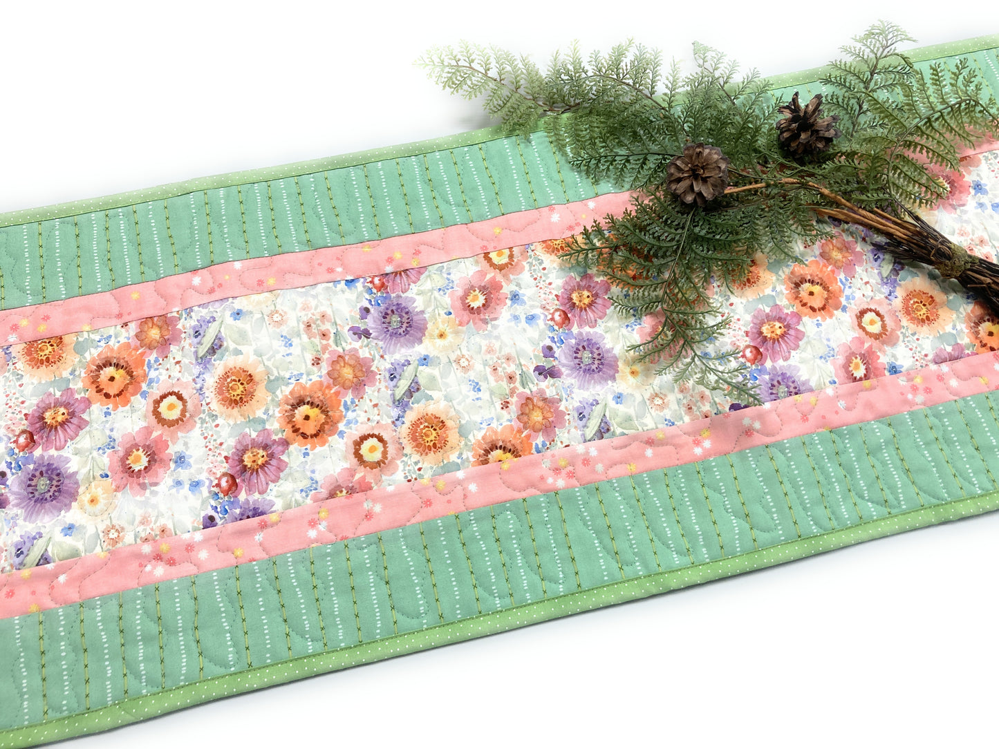 Spring Flowers Quilted Dining Table Runner in Purple Orange Yellow, Reversible 13x48" Easter