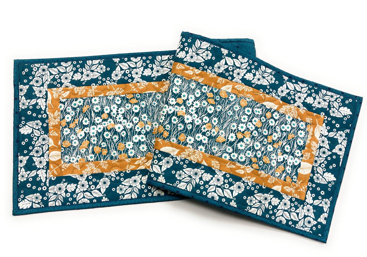 Teal Mustard Flowers Quilted Dining Coffee Table Runner, Reversible 13x48", Modern Retro Coastal Minimalist, Handmade in USA