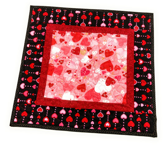 Pink Red Valentine's Day Table Square, Hearts Quilted, Reversible Spring, Coffee Dining Table Heart Decor 18x18" Handmade