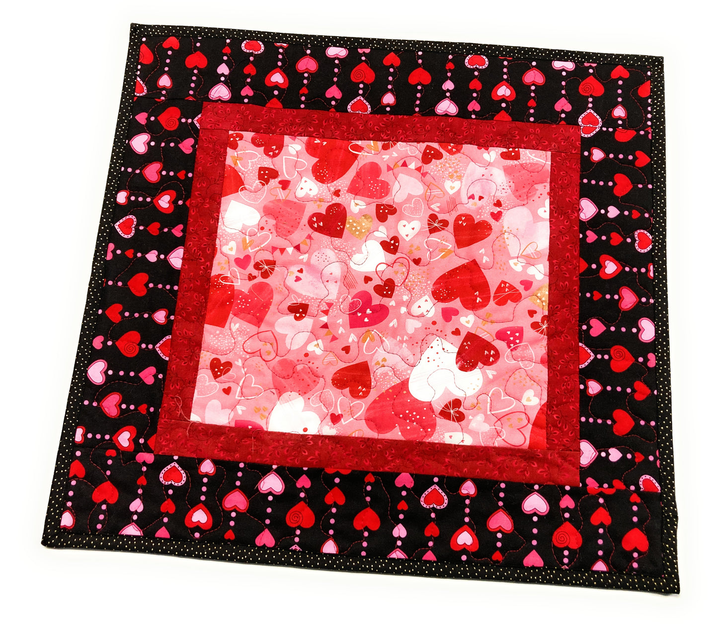 Pink Red Valentine's Day Table Square, Hearts Quilted, Reversible Spring, Coffee Dining Table Heart Decor 18x18" Handmade