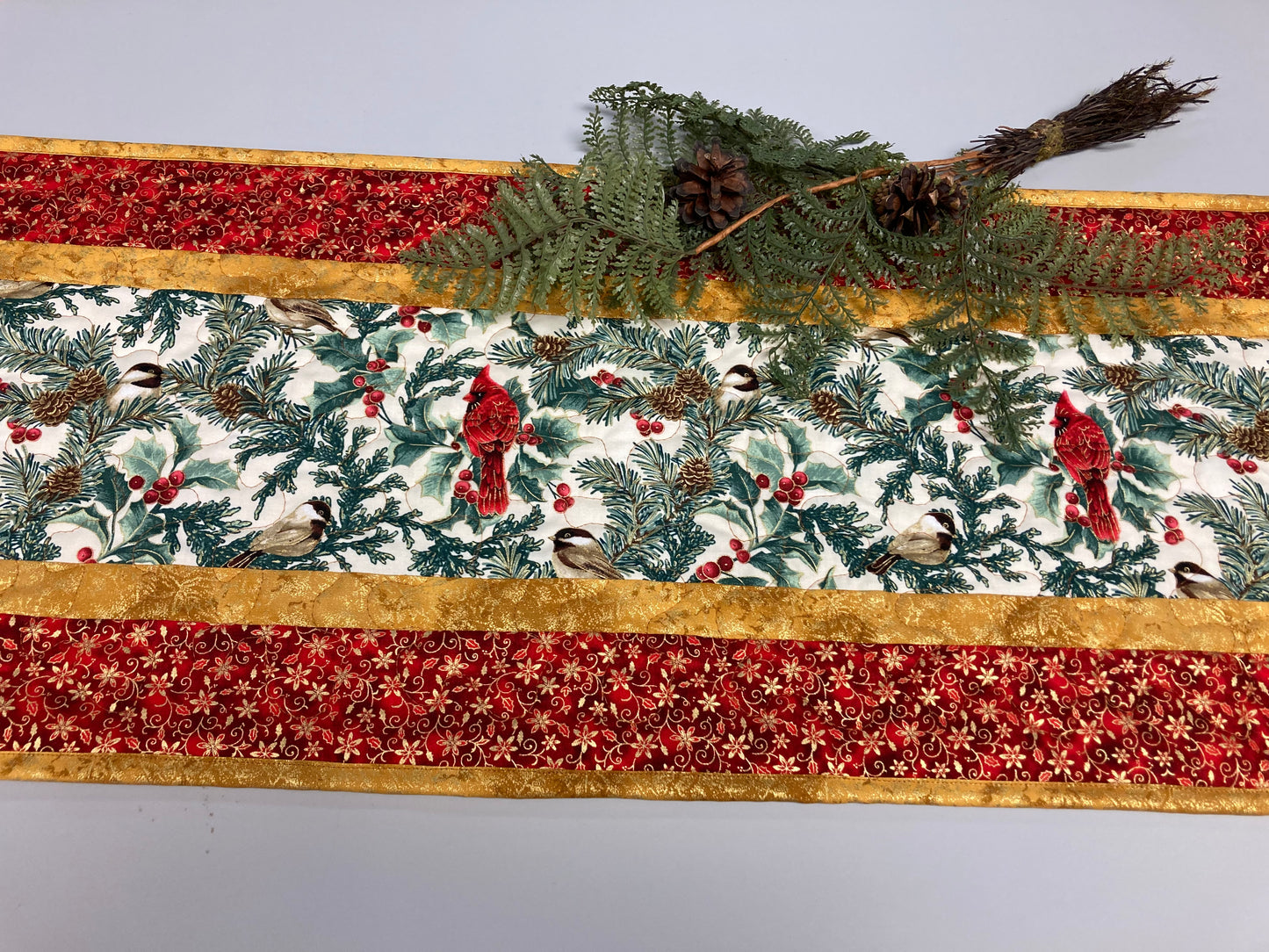 Christmas Red Cardinals and Chickadees 14x48" Quilted Dining Table Runner, Reversible Fall, Winter Holiday Coffee Table, Bird Tree Handmade