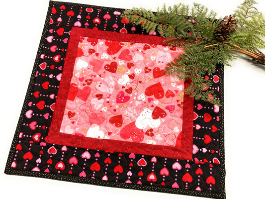 Pink Red Valentine's Day Table Square, Hearts Quilted, Reversible Spring, Coffee Dining Table Heart Decor 18x18" Handmade