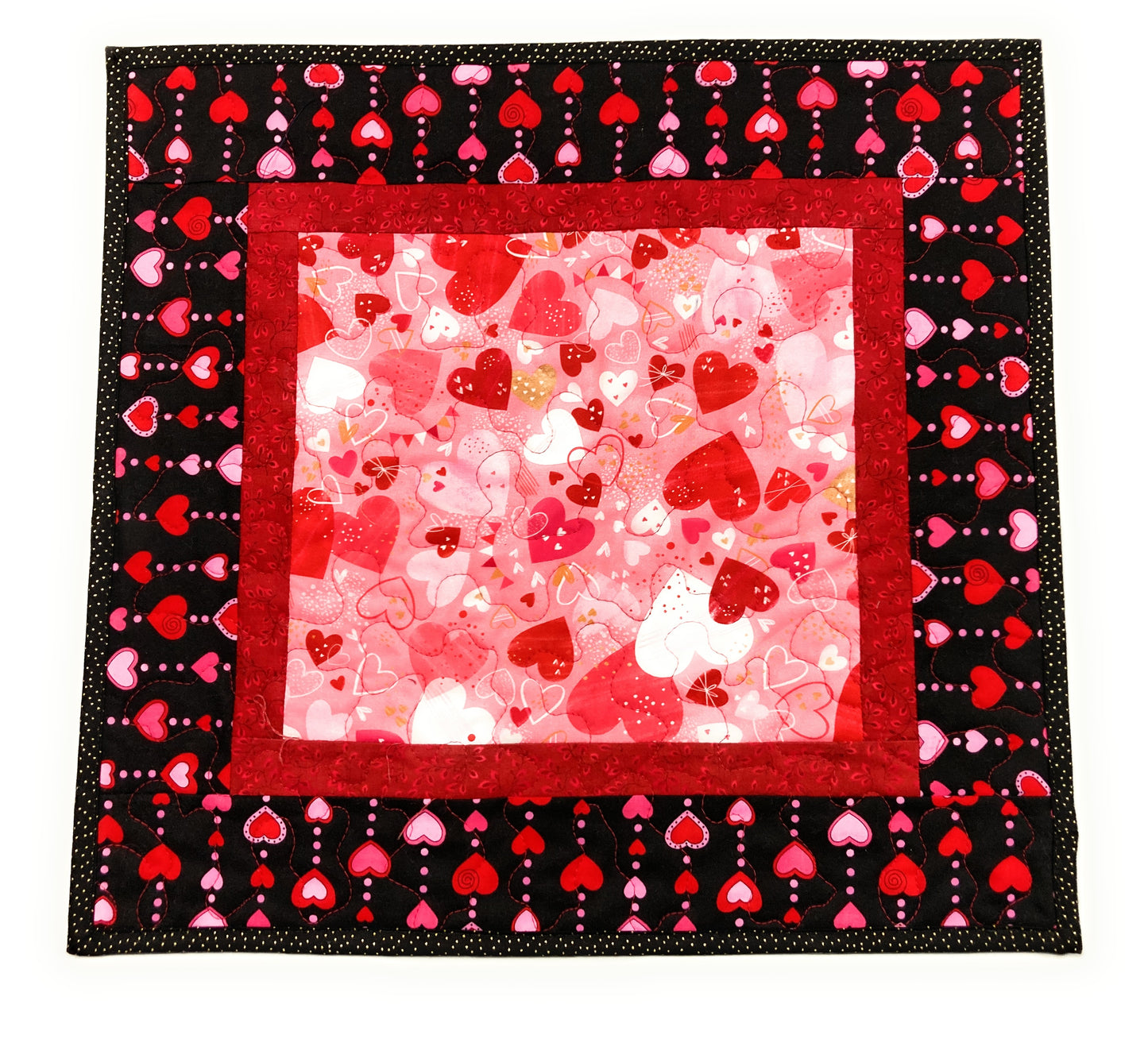 Pink Red Valentine's Day Table Square, Hearts Quilted, Reversible Spring, Coffee Dining Table Heart Decor 18x18" Handmade