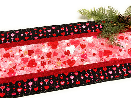 Pink Red Valentine's Day Candy Dining Table Runner, Hearts Quilted, Reversible St Patrick's Spring, Coffee Table Heart Decor 13x48" Handmade