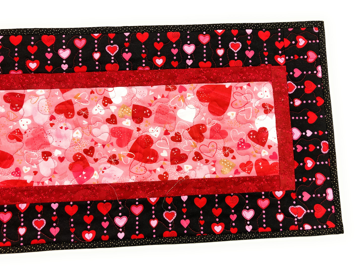 Pink Red Valentine's Day Candy Dining Table Runner, Hearts Quilted, Reversible St Patrick's Spring, Coffee Table Heart Decor 13x48" Handmade
