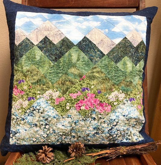Spring Misty Blue Meadow Mountain Art Pillow, 20x20” Forest Mountain Scenic Original Artwork Handmade