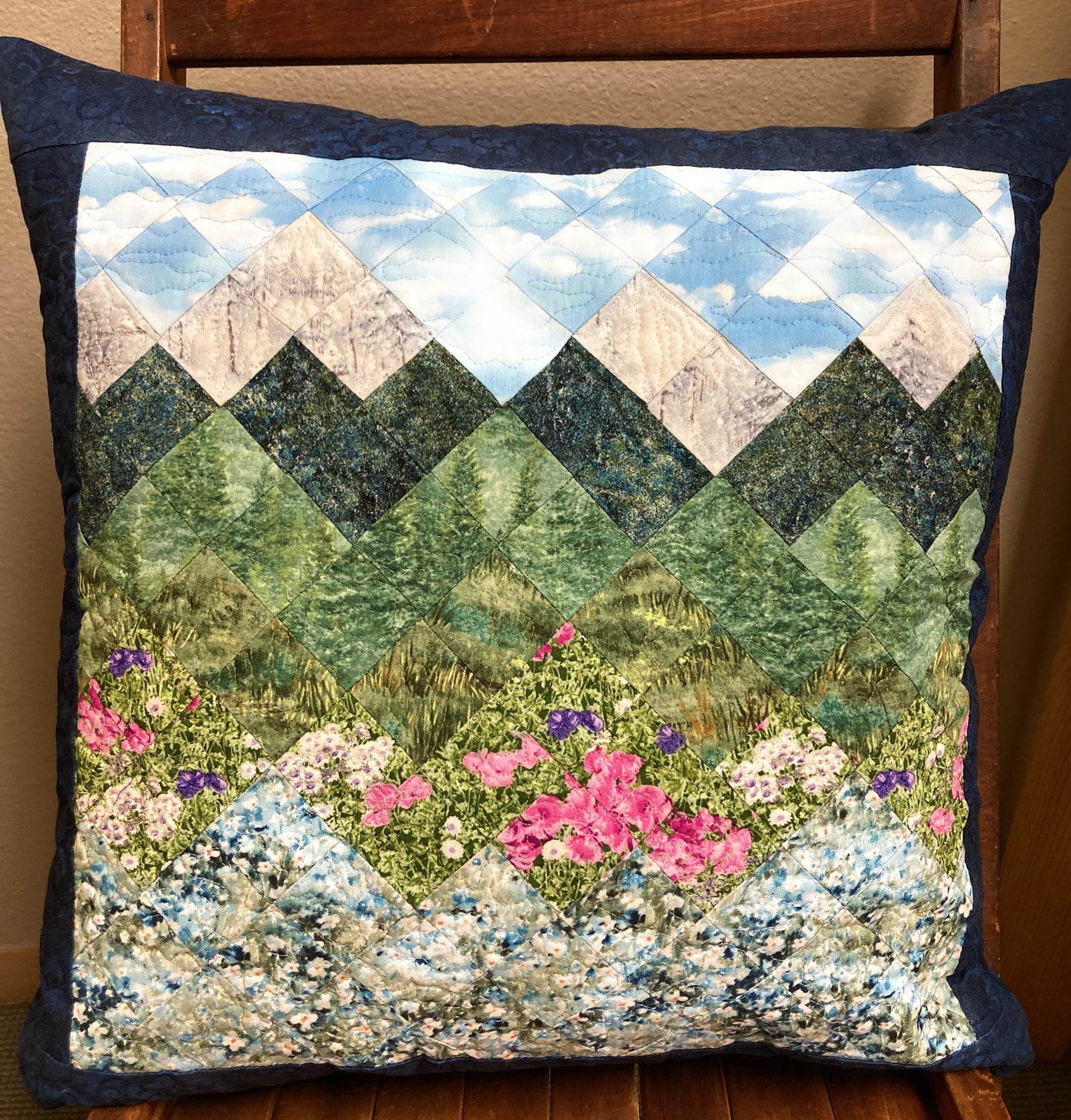Spring Misty Blue Meadow Mountain Art Pillow, 20x20” Forest Mountain Scenic Original Artwork Handmade
