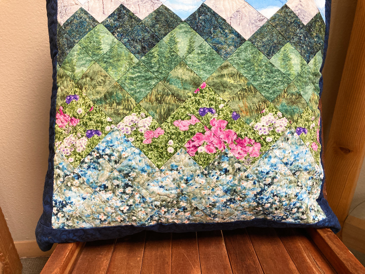 Spring Misty Blue Meadow Mountain Art Pillow, 20x20” Forest Mountain Scenic Original Artwork Handmade