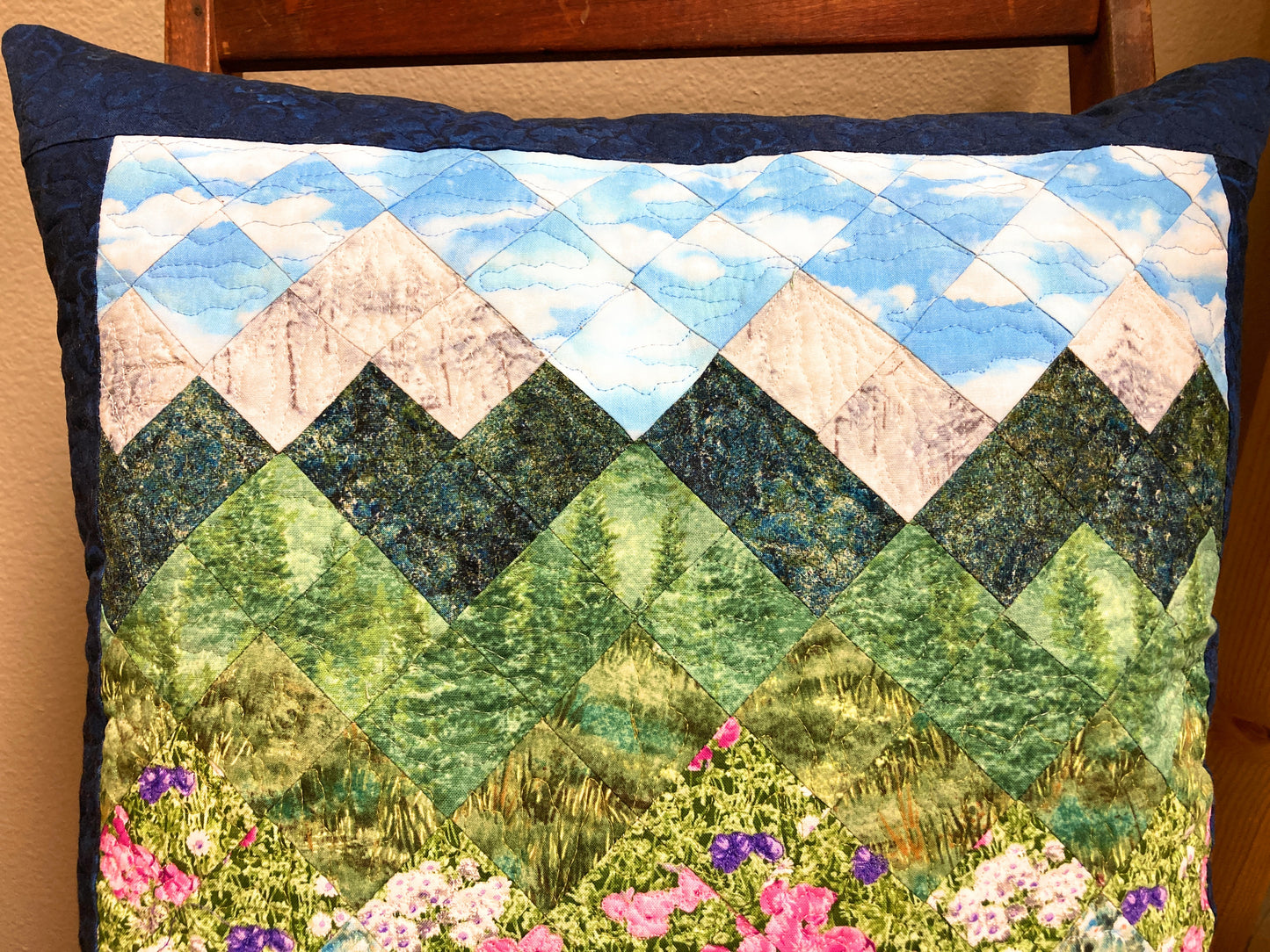 Spring Misty Blue Meadow Mountain Art Pillow, 20x20” Forest Mountain Scenic Original Artwork Handmade