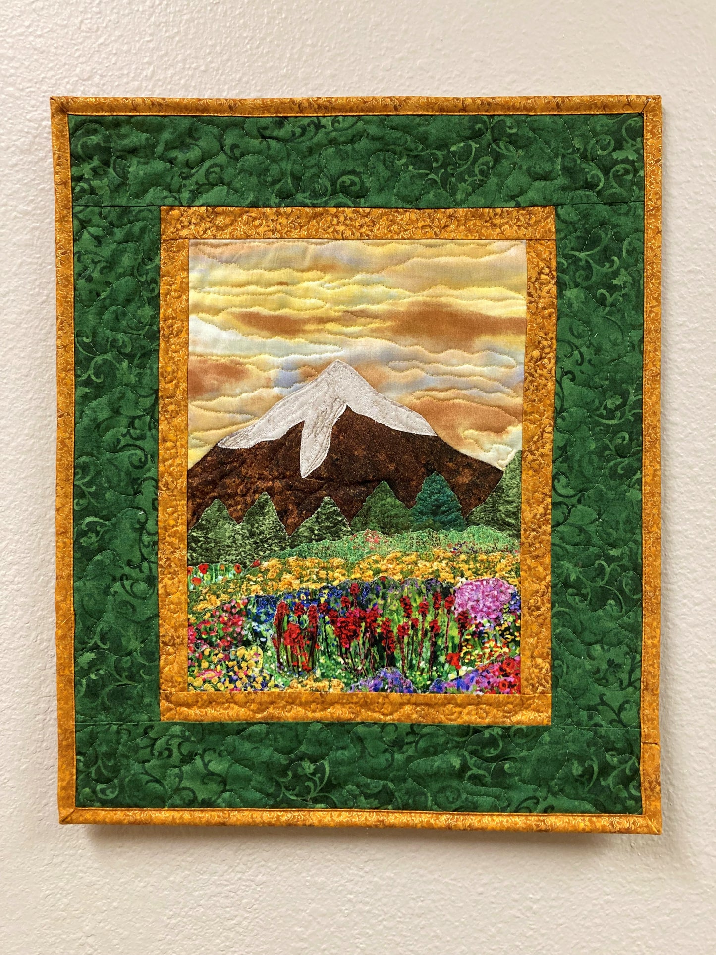 Sunset Wildflower Poppy Meadow Mountain Landscape Art Quilt, Textile 18x14", Tapestry Fabric Small Wall Art Hanging, Red Pink Yellow Flowers