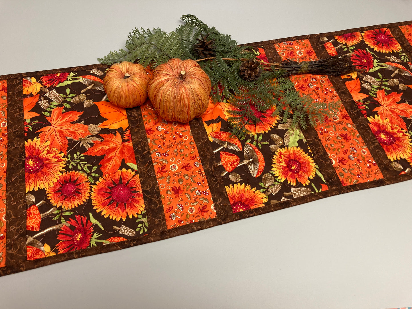 Fall Sunflowers Mushrooms and Acorns Quilted Table Runner, 13x62" Reversible Leaves, Woodland Forest Orange Red Green Dining Coffee Table