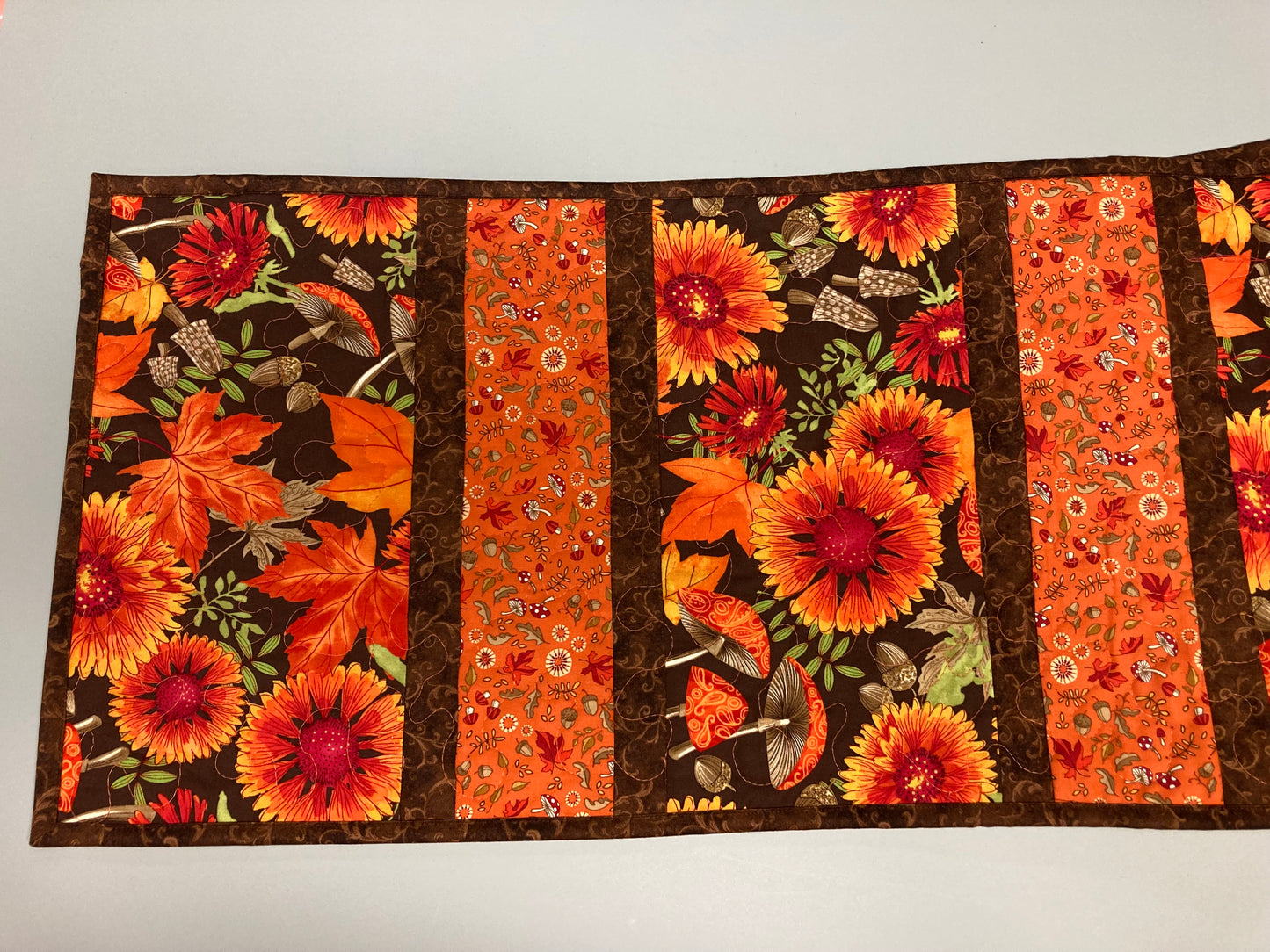 Fall Sunflowers Mushrooms and Acorns Quilted Table Runner, 13x62" Reversible Leaves, Woodland Forest Orange Red Green Dining Coffee Table