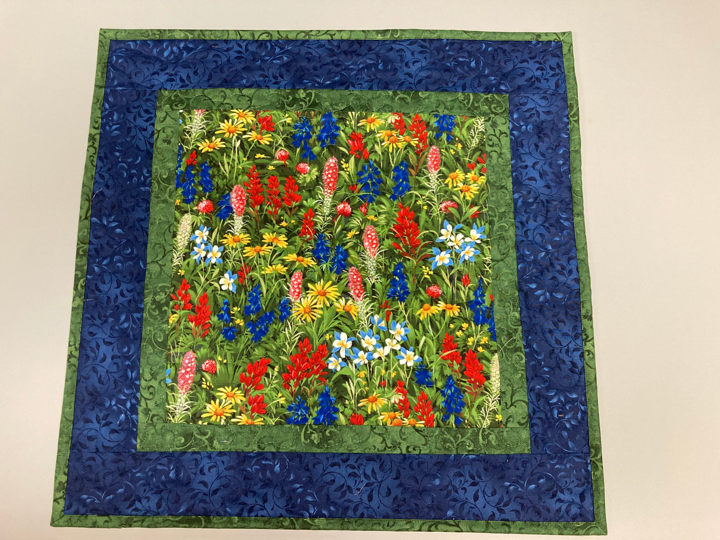 Texas Wildflower Quilted Table Topper, Reversible Table Mat, 20x20" Coffee Table End Table Nightstand, Large Square Summer Spring Decor