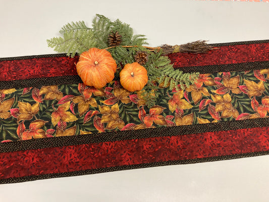 Burgundy Golden Fall Leaves Table Runner, Quilted Reversible Christmas Holiday, 13x48", Thanksgiving Dining Table Runner Coffee Table Autumn