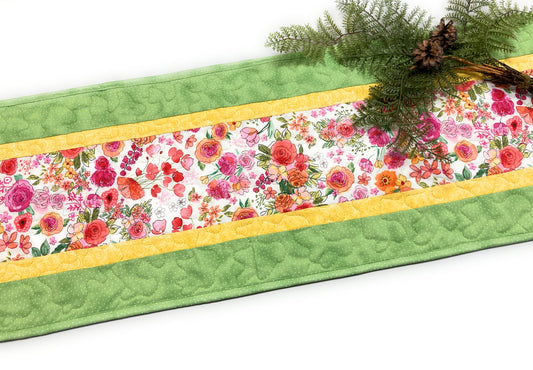 Spring Yellow Orange Pink Flowers Quilted Table Runner, Easter Dining Coffee Table Mat, Reversible 13x46" Garden Floral Nature Bright