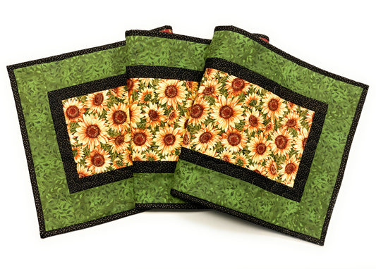 Sunflowers Green Leaves Quilted Table Runner, 14x52", Dining or Coffee Table Everyday Summer Nature Garden Lover Long Wide