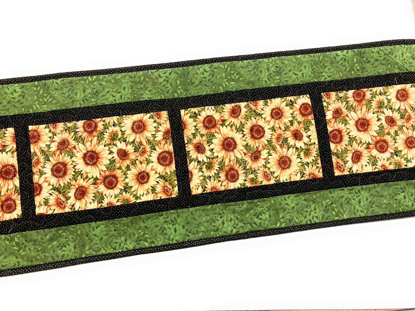 Sunflowers Green Leaves Quilted Table Runner, 14x52", Dining or Coffee Table Everyday Summer Nature Garden Lover Long Wide